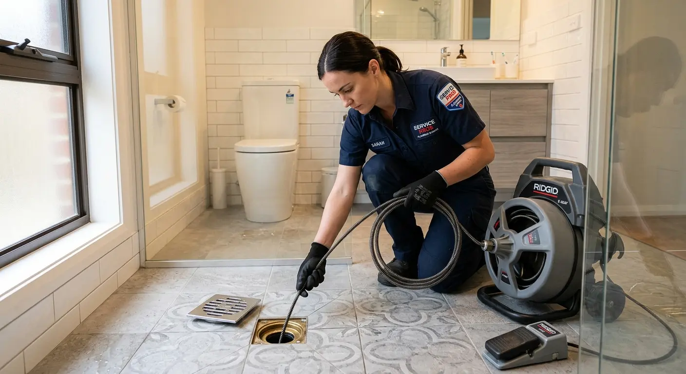 Technician clearing a bathroom floor drain for Hydro Jetting in Charleston